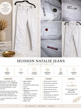 Hudson Natalie Mid-Rise Slim Boyfriend Crop Jeans - White